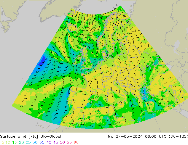 Surface wind UK-Global Mo 27.05.2024 06 UTC