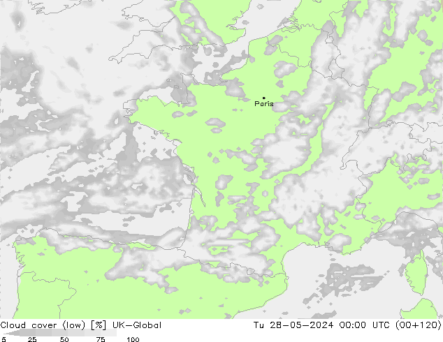 Cloud cover (low) UK-Global Tu 28.05.2024 00 UTC