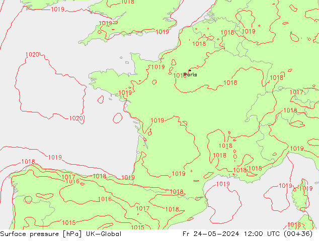 Presión superficial UK-Global vie 24.05.2024 12 UTC