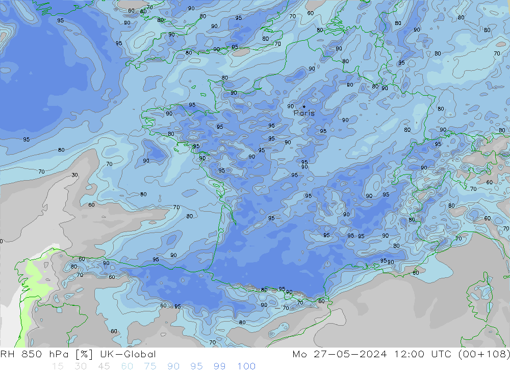 Humidité rel. 850 hPa UK-Global lun 27.05.2024 12 UTC
