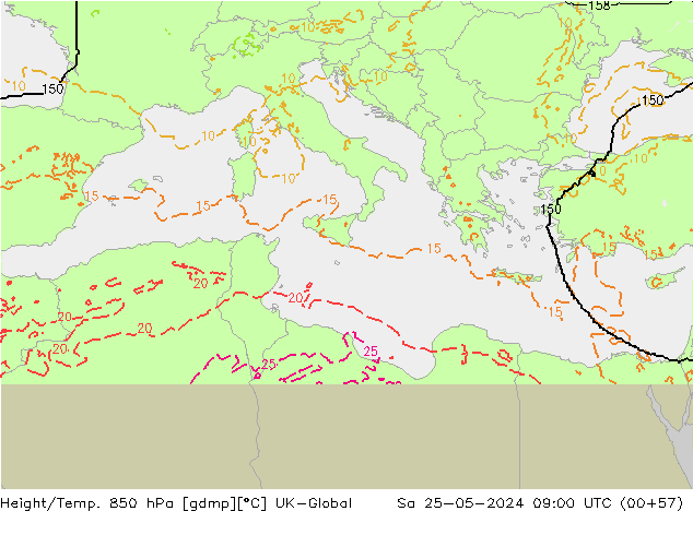 Height/Temp. 850 hPa UK-Global So 25.05.2024 09 UTC