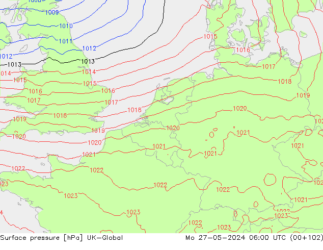 Atmosférický tlak UK-Global Po 27.05.2024 06 UTC