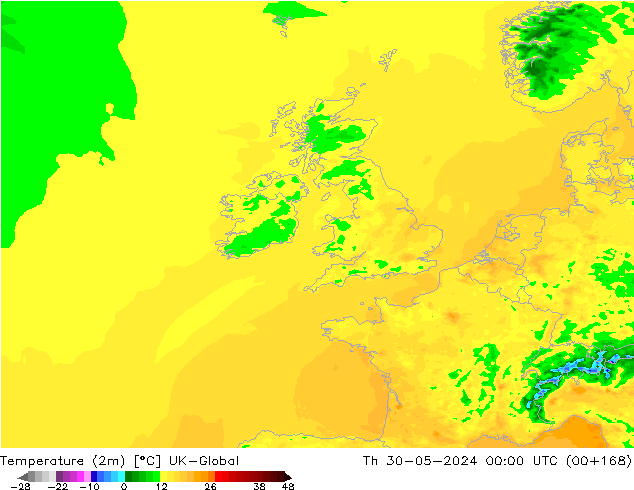 Temperature (2m) UK-Global Th 30.05.2024 00 UTC