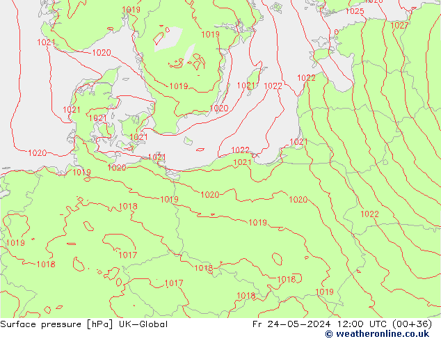 Pressione al suolo UK-Global ven 24.05.2024 12 UTC