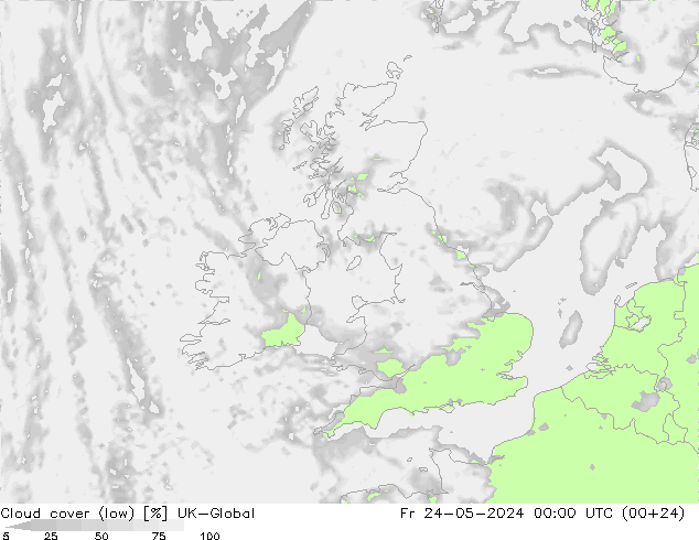 Cloud cover (low) UK-Global Fr 24.05.2024 00 UTC