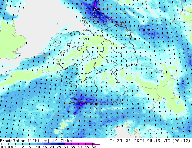 Precipitación (12h) UK-Global jue 23.05.2024 18 UTC