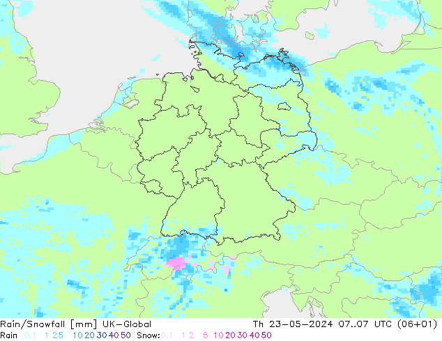 Rain/Snowfall UK-Global Per 23.05.2024 07 UTC