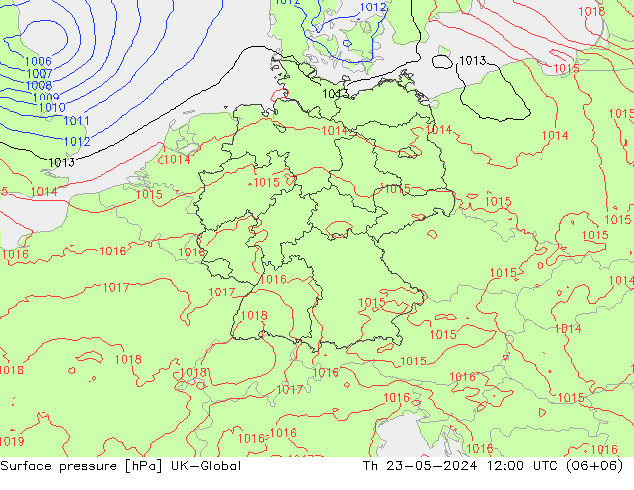 Pressione al suolo UK-Global gio 23.05.2024 12 UTC