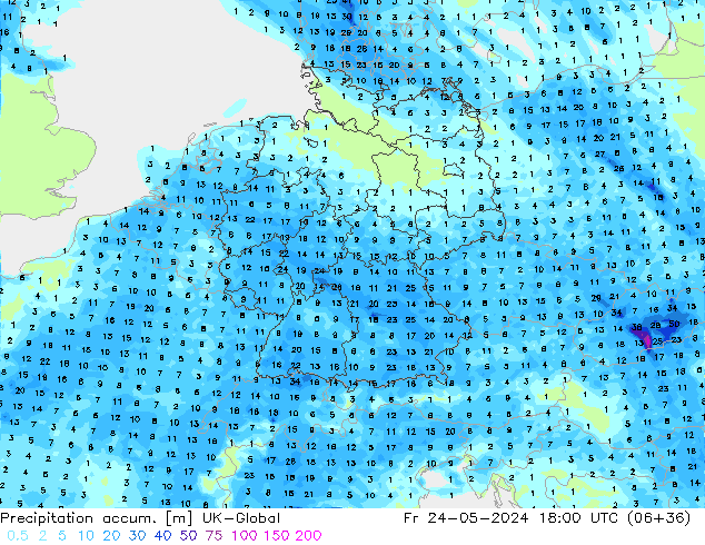 Precipitation accum. UK-Global Fr 24.05.2024 18 UTC