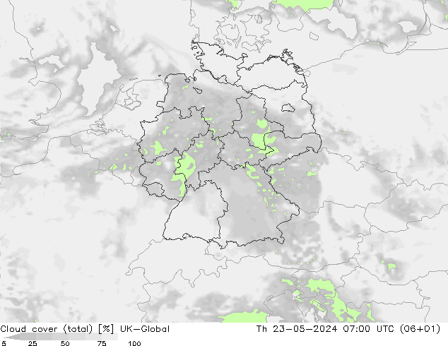 Nubes (total) UK-Global jue 23.05.2024 07 UTC