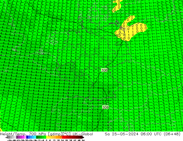 Height/Temp. 700 hPa UK-Global 星期六 25.05.2024 06 UTC