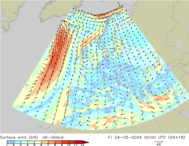 Surface wind (bft) UK-Global Pá 24.05.2024 00 UTC