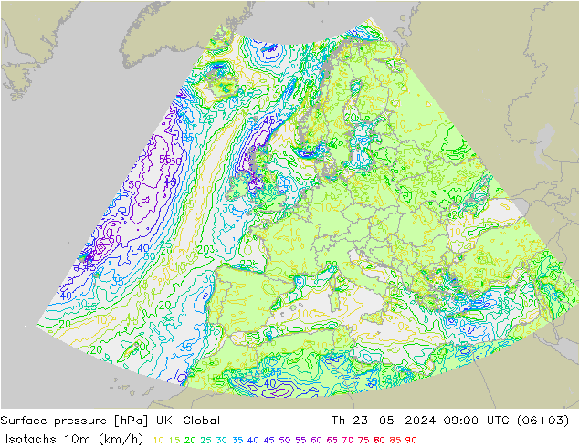 10米等风速线 (kph) UK-Global 星期四 23.05.2024 09 UTC