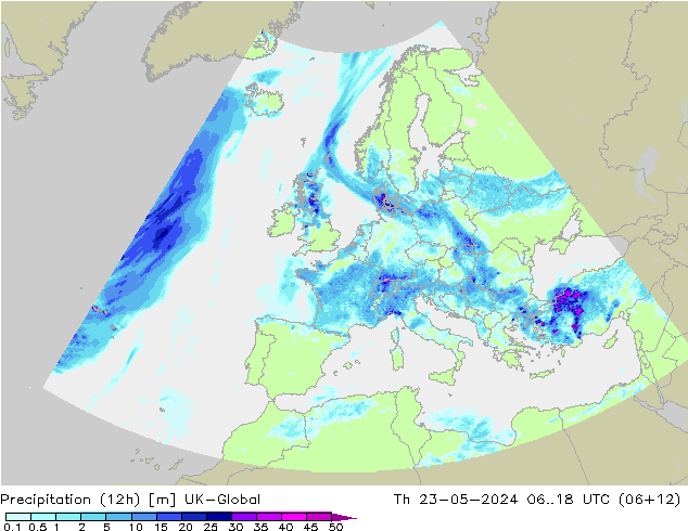 Precipitation (12h) UK-Global Čt 23.05.2024 18 UTC