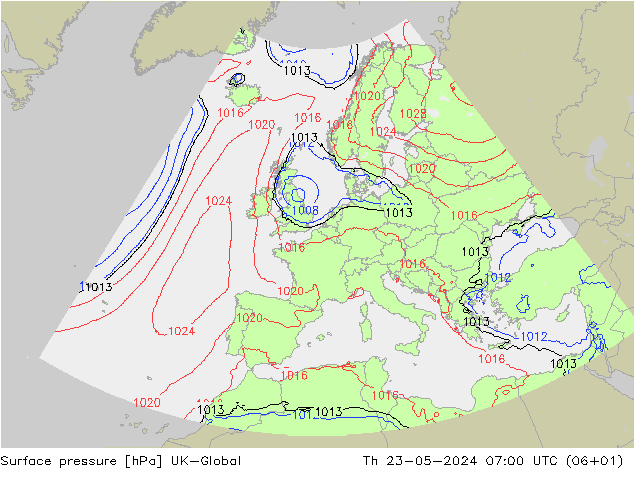 Presión superficial UK-Global jue 23.05.2024 07 UTC