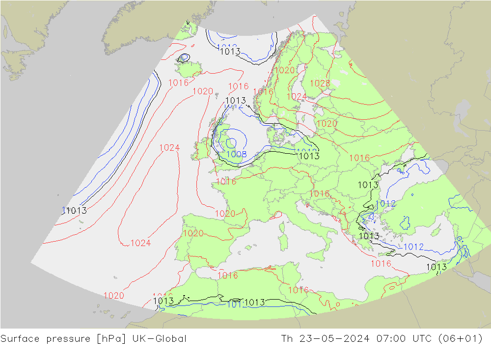 地面气压 UK-Global 星期四 23.05.2024 07 UTC