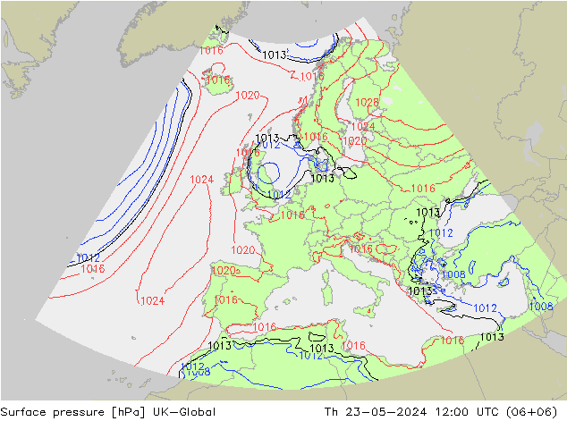 Presión superficial UK-Global jue 23.05.2024 12 UTC