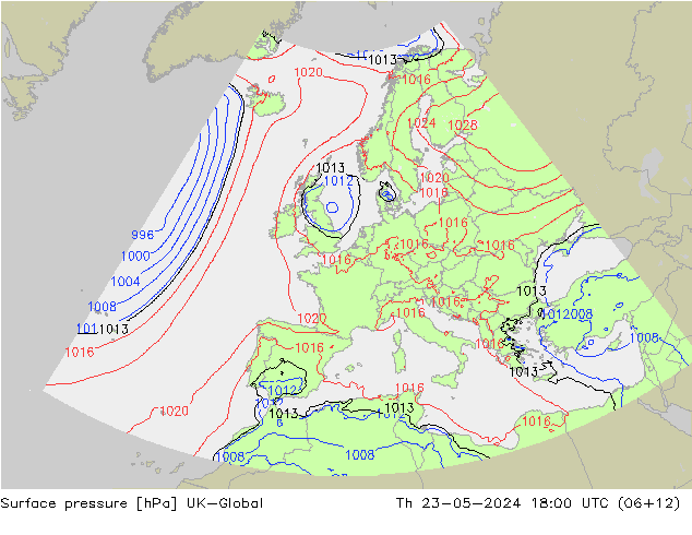 Presión superficial UK-Global jue 23.05.2024 18 UTC
