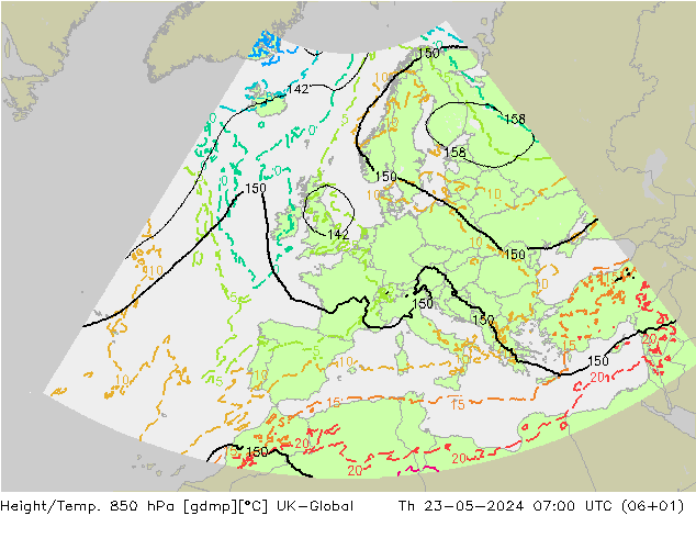 Height/Temp. 850 hPa UK-Global 星期四 23.05.2024 07 UTC