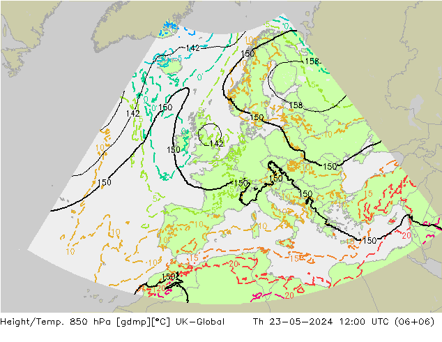 Height/Temp. 850 hPa UK-Global Čt 23.05.2024 12 UTC