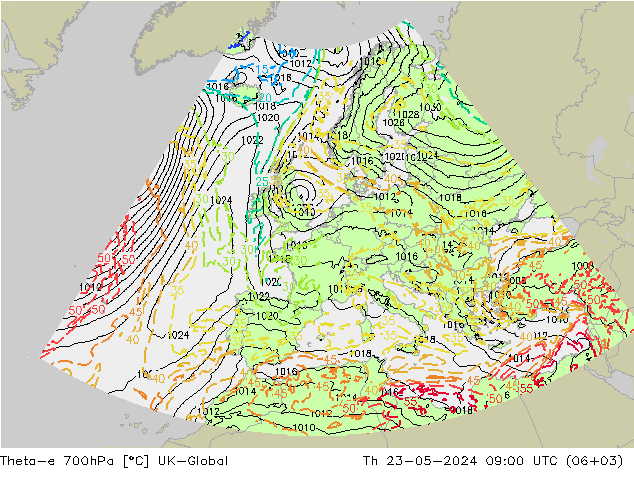 Theta-e 700hPa UK-Global 星期四 23.05.2024 09 UTC