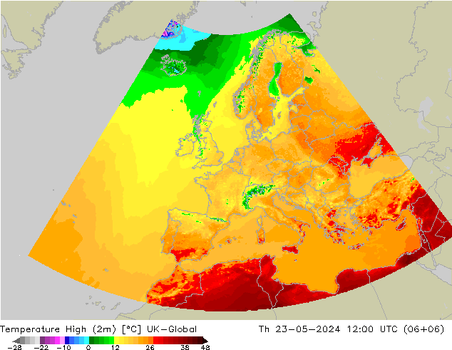 Temperature High (2m) UK-Global 星期四 23.05.2024 12 UTC