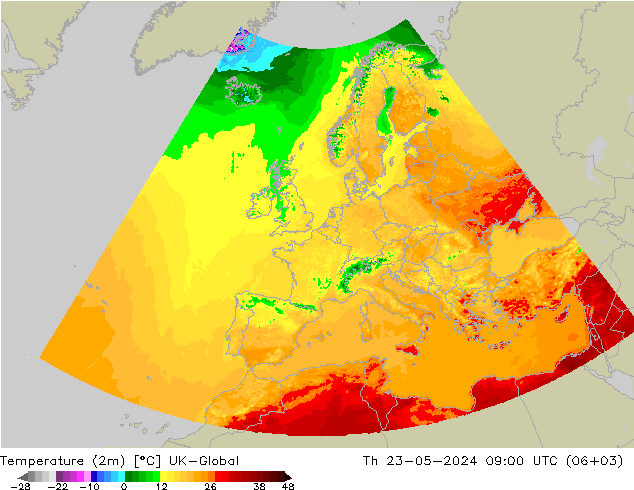 mapa temperatury (2m) UK-Global czw. 23.05.2024 09 UTC