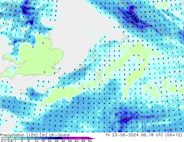 Precipitation (12h) UK-Global Th 23.05.2024 18 UTC