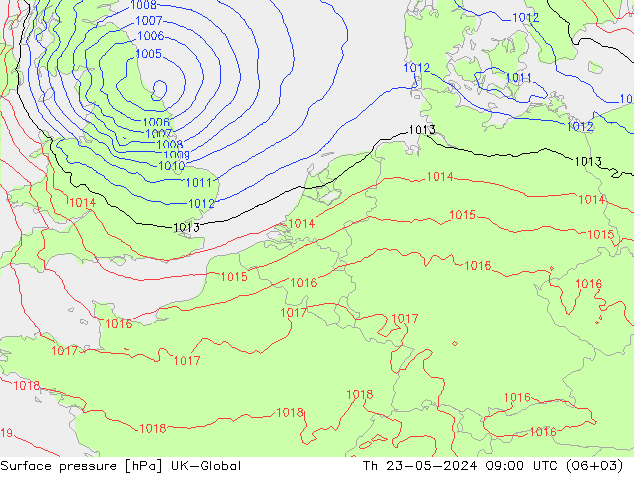 地面气压 UK-Global 星期四 23.05.2024 09 UTC