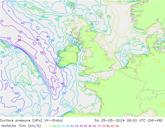 Isotachs (kph) UK-Global Sa 25.05.2024 06 UTC
