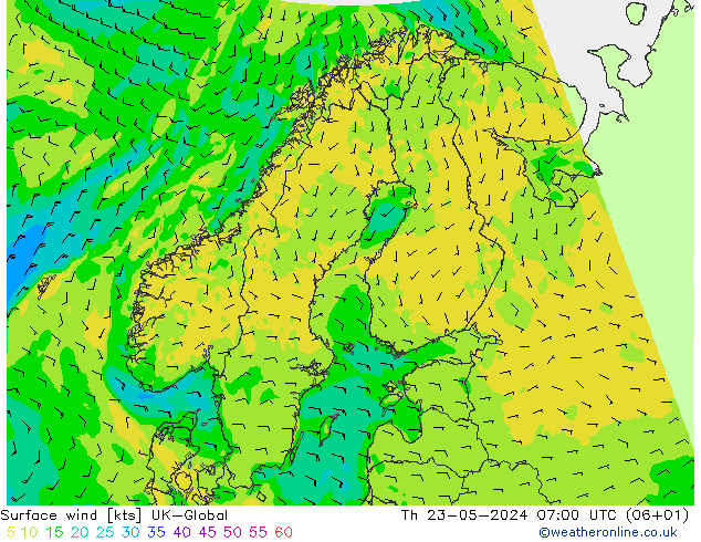 Surface wind UK-Global Th 23.05.2024 07 UTC