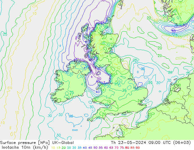 Isotachen (km/h) UK-Global Do 23.05.2024 09 UTC