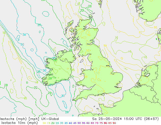 Isotachen (mph) UK-Global za 25.05.2024 15 UTC