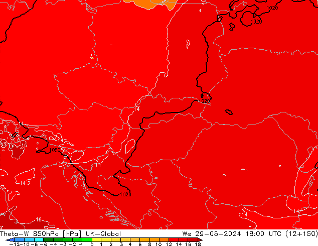 Theta-W 850hPa UK-Global śro. 29.05.2024 18 UTC