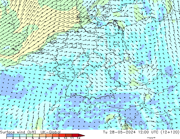 Surface wind (bft) UK-Global Tu 28.05.2024 12 UTC