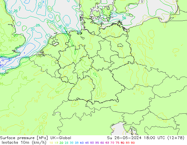 Isotachs (kph) UK-Global dim 26.05.2024 18 UTC