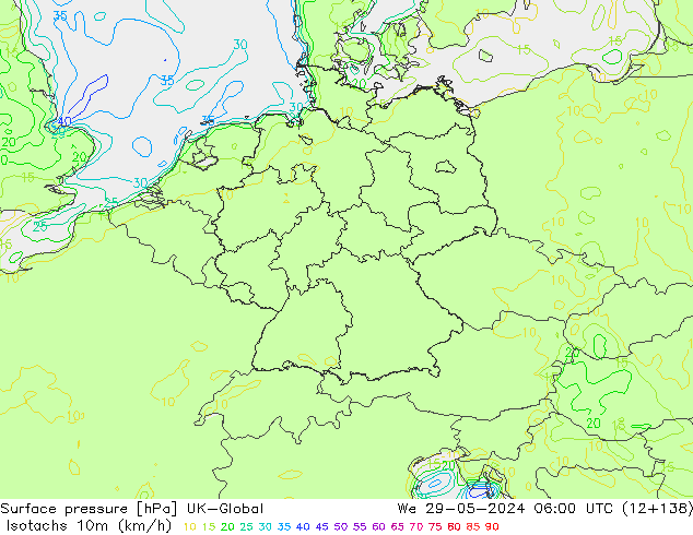 Isotachs (kph) UK-Global We 29.05.2024 06 UTC