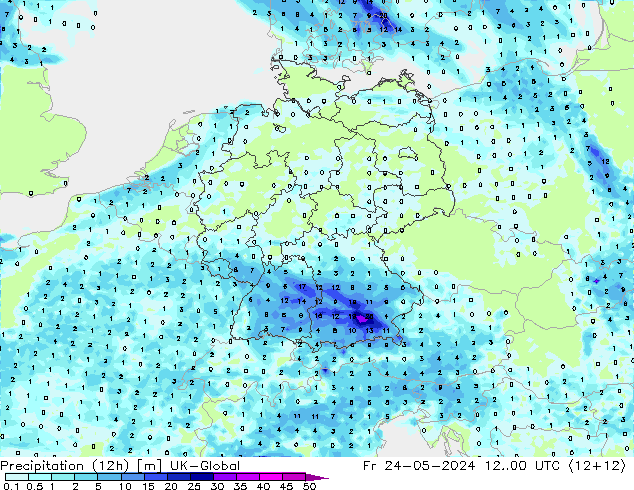 降水量 (12h) UK-Global 星期五 24.05.2024 00 UTC