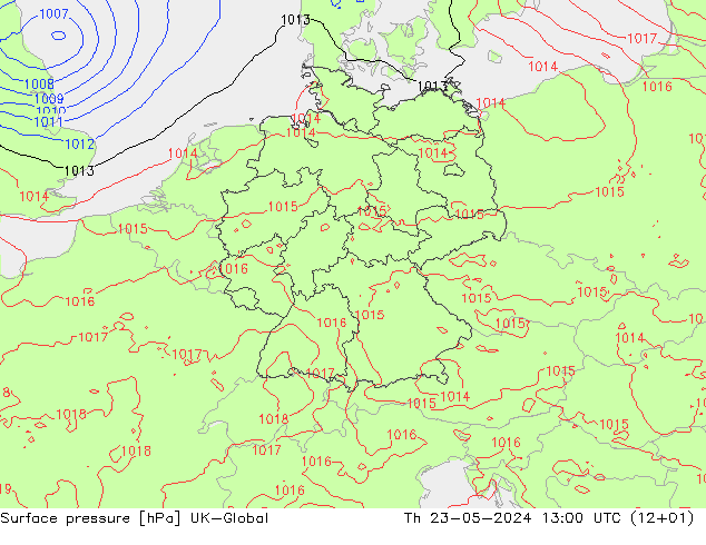 Surface pressure UK-Global Th 23.05.2024 13 UTC