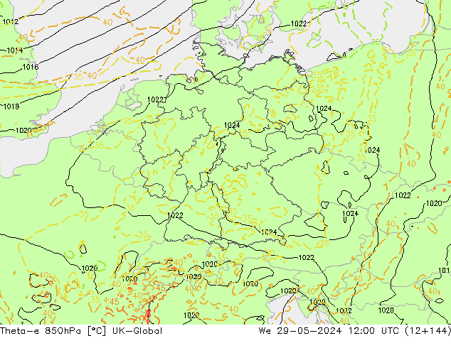 Theta-e 850hPa UK-Global We 29.05.2024 12 UTC
