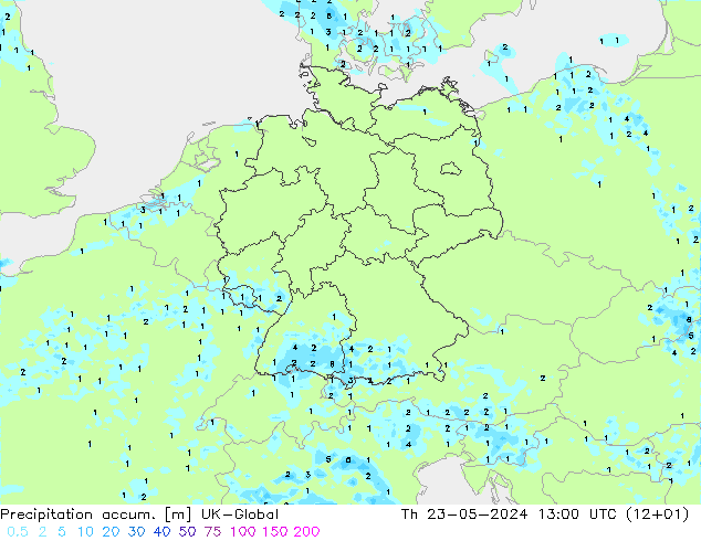 Precipitation accum. UK-Global 星期四 23.05.2024 13 UTC
