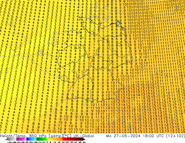 Géop./Temp. 850 hPa UK-Global lun 27.05.2024 18 UTC