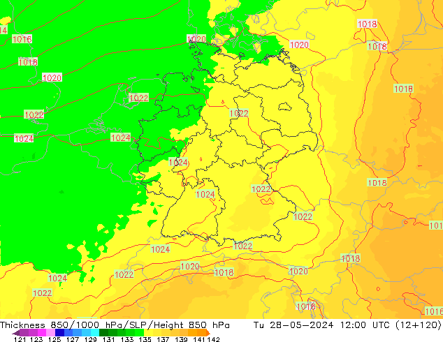 Dikte 850-1000 hPa UK-Global di 28.05.2024 12 UTC