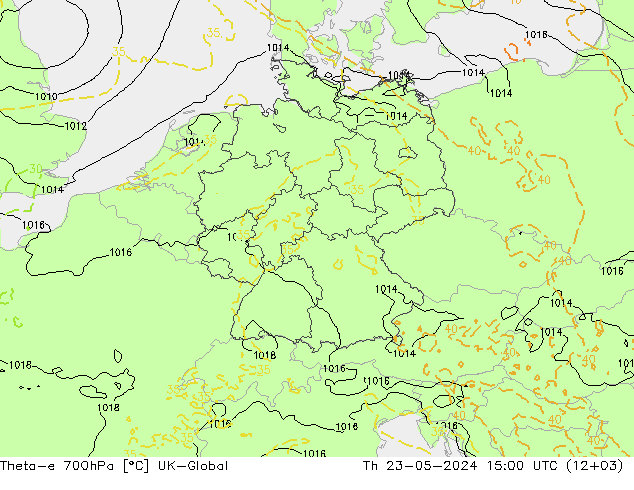Theta-e 700hPa UK-Global Th 23.05.2024 15 UTC