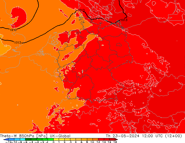 Theta-W 850hPa UK-Global 星期四 23.05.2024 12 UTC