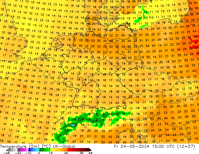 Temperature (2m) UK-Global Fr 24.05.2024 15 UTC