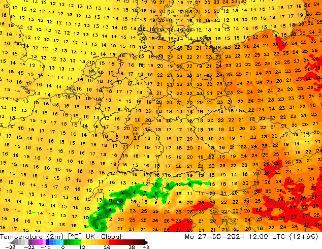 Temperaturkarte (2m) UK-Global Mo 27.05.2024 12 UTC