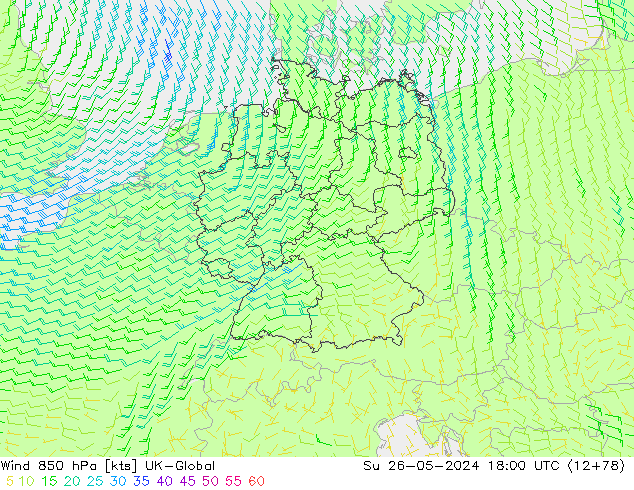 Wind 850 hPa UK-Global Su 26.05.2024 18 UTC