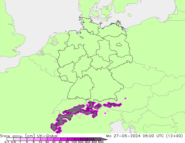 Snow accu. UK-Global Mo 27.05.2024 06 UTC