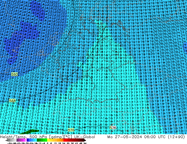 Height/Temp. 500 hPa UK-Global Mo 27.05.2024 06 UTC